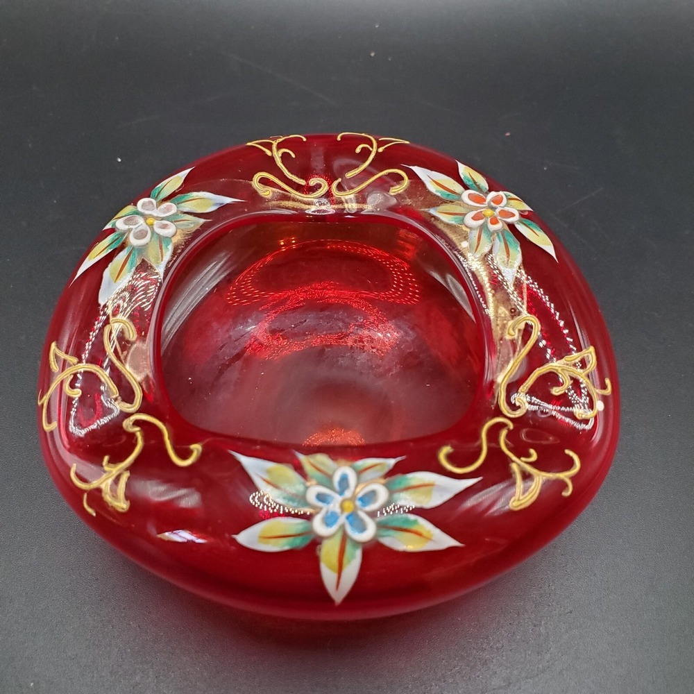 Vintage Bohemian Red and Gold Hand‎ Blown Painted Art Glass Ashtray Trinket Dish